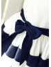 Ivory Taffeta Navy Blue Stripes Slit Back Knee Length Flower Girl Dress 